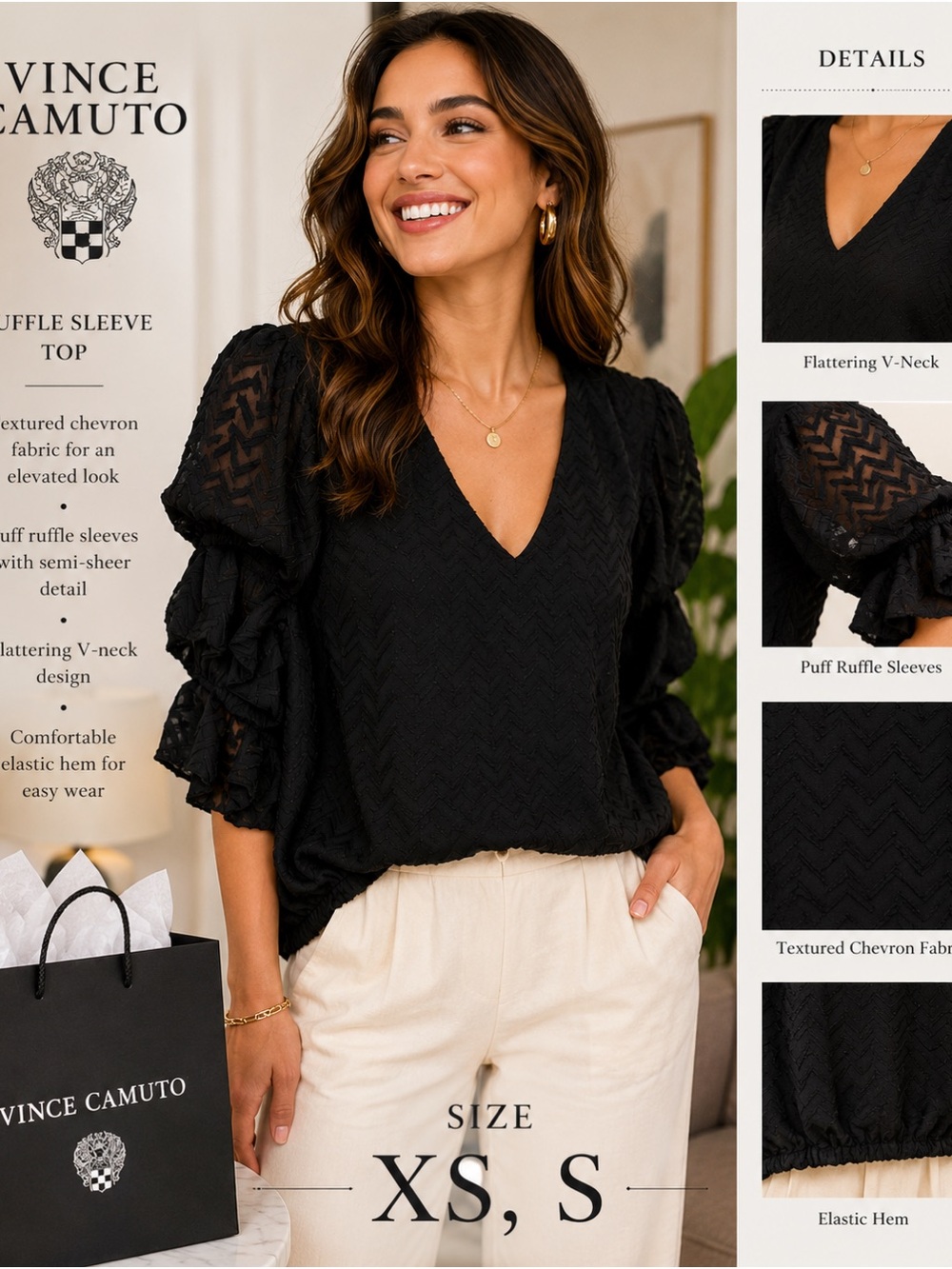 Vince Camuto Black Puff Ruffle Sleeve V-Neck Blouse